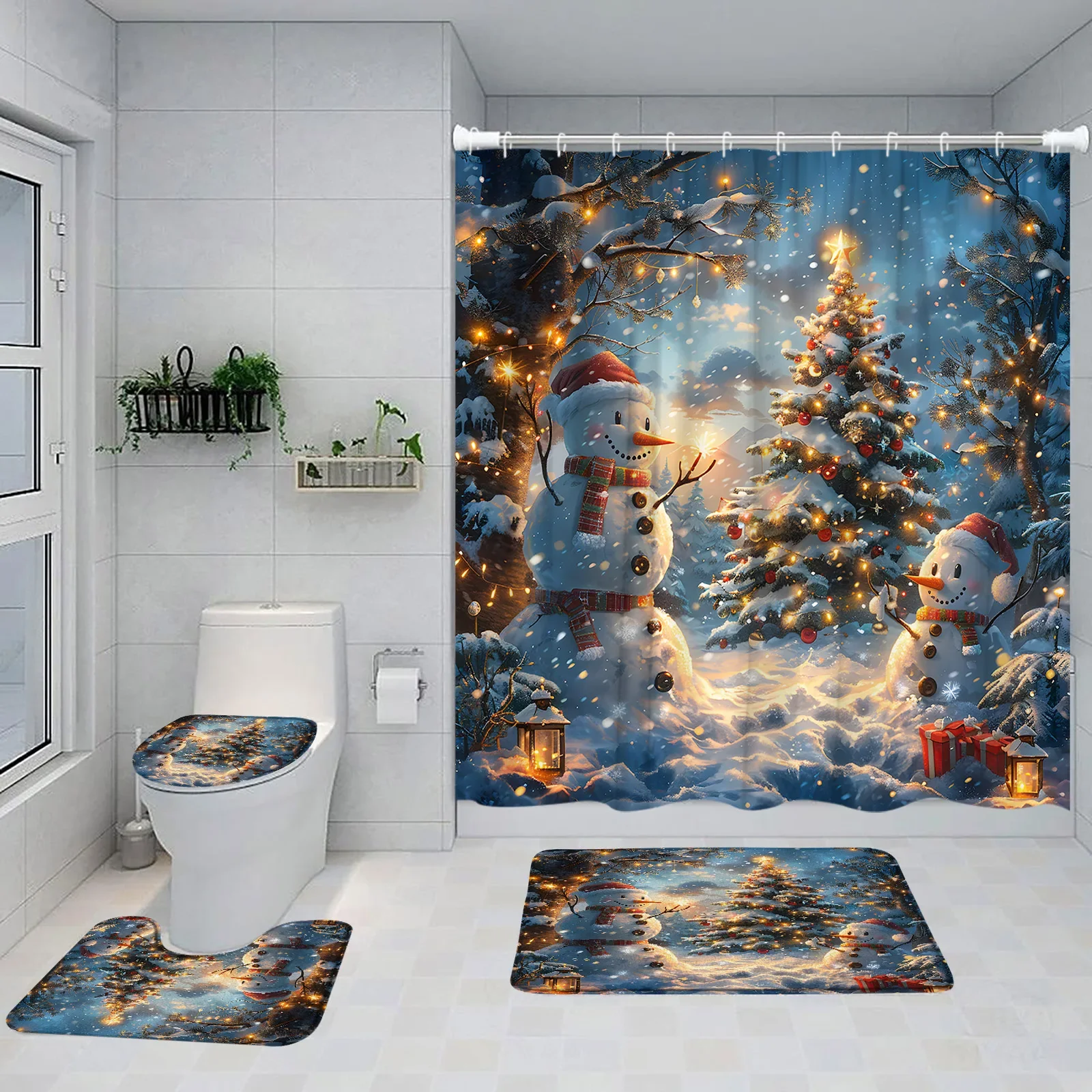 Snowman Merry Christmas Shower Curtain Set Happy New Year Winter Festival Snow Xmas Pine Tree Cartoon Bath Mat Toilet Lid Cover