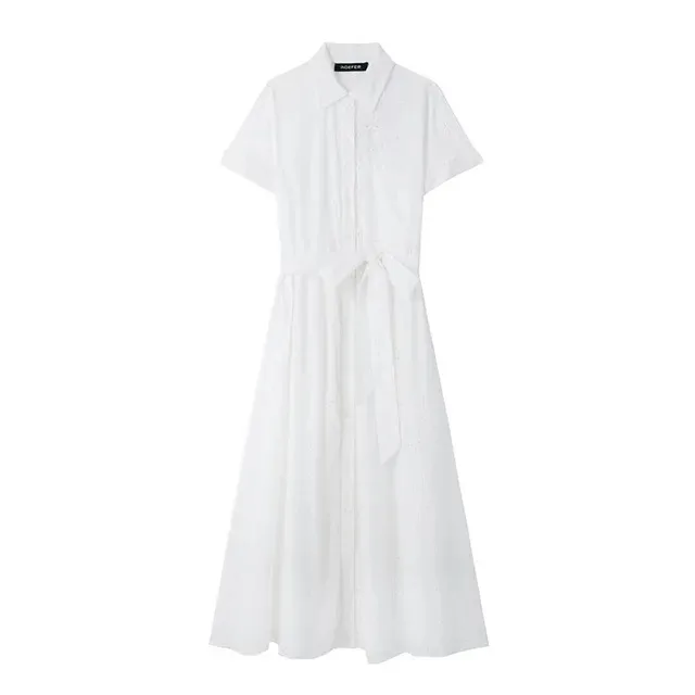 New Summer Fashion Women Long Dresses Turn-Down Collar Short Sleeve Pocket Belt Single Breasted Female Elegant Dress