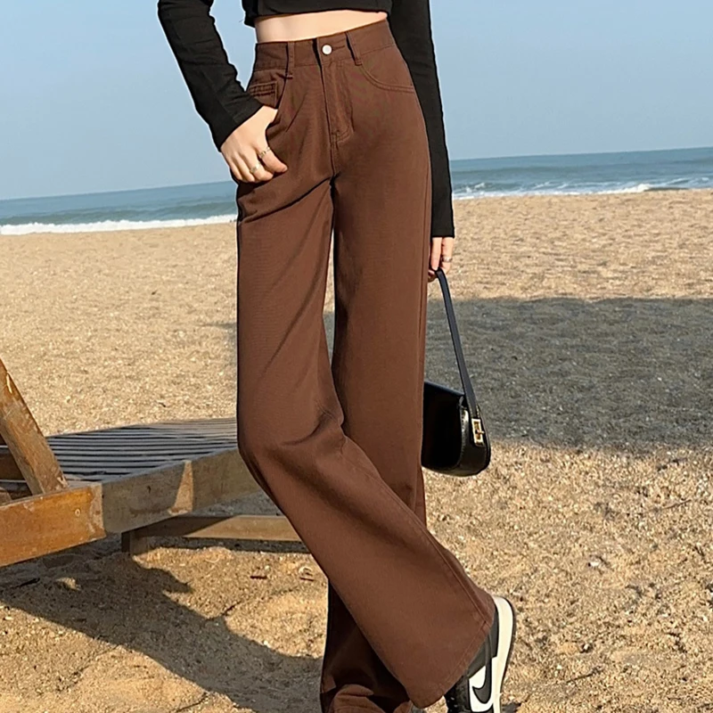 Wide Leg Mop Pants Dopamine Coffee Brown Denim Jeans Women High Waisted Straight Loose Fitting Long Pants Soft Drape