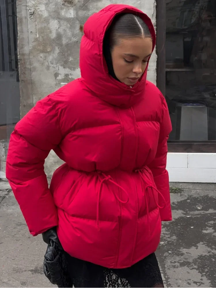 Chic Red Drawstring Hooded Cotton Coat Women Chic Stand Collar Single Breasted Waist Cinching Loose Coats Lady Street Warm Wear