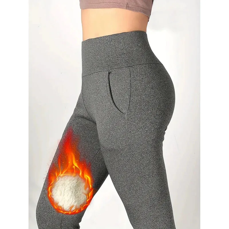 الداخلية تقليد الحملان الكشمير طماق النساء الشتاء سميكة الدافئة زائد المخملية مع جيوب الجوارب عالية الخصر سليم تمتد يغطي الرجل #5