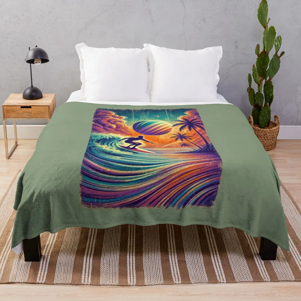 Vintage Surfer Riding the Wave at Sunset with Palm Trees Throw Blanket Soft Beds Sofa Quilt halloween Single Blankets