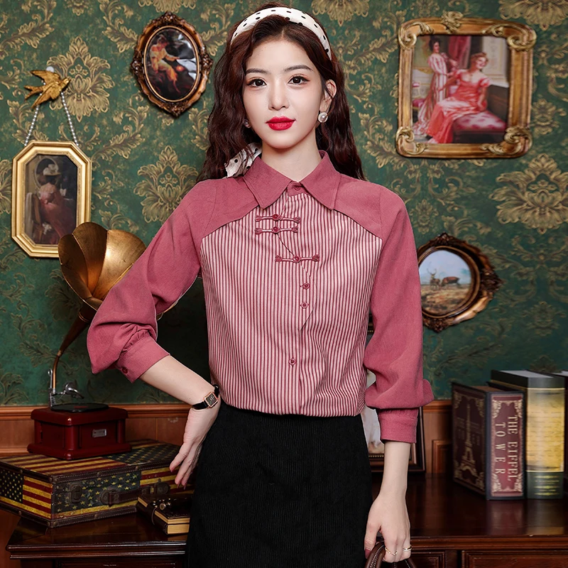 Spring Long Sleeve Turn Down Collar Women Shirt Chinese Style Striped Shirt Blouse Women Tops  Blusas Mujer De Moda 2024 J857