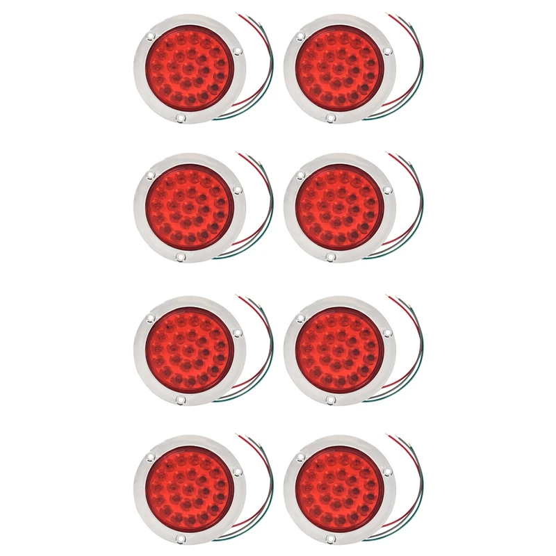 

New8 Pack Round LED Trailer Tail Lights Red 24 LED Flange Mount Waterproof Chrome 4 Inch Brake Stop Turn Lights