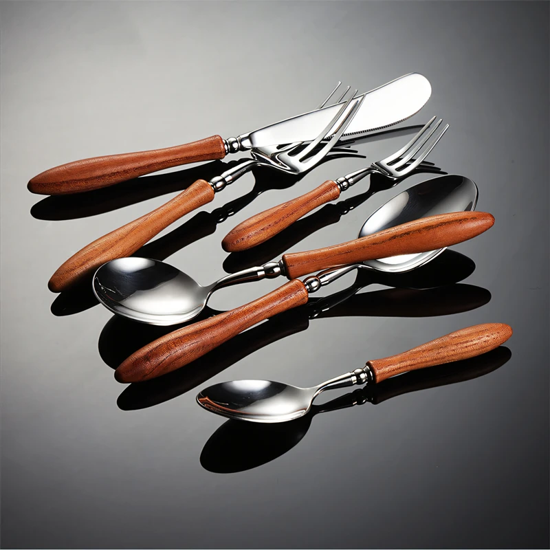 Toon Wood Stainless Steel Tableware Cutlery Dining Set Natural Kitchen Utensils Sliver Fork Tea Spoon Kinfe of Dishes for Dinner