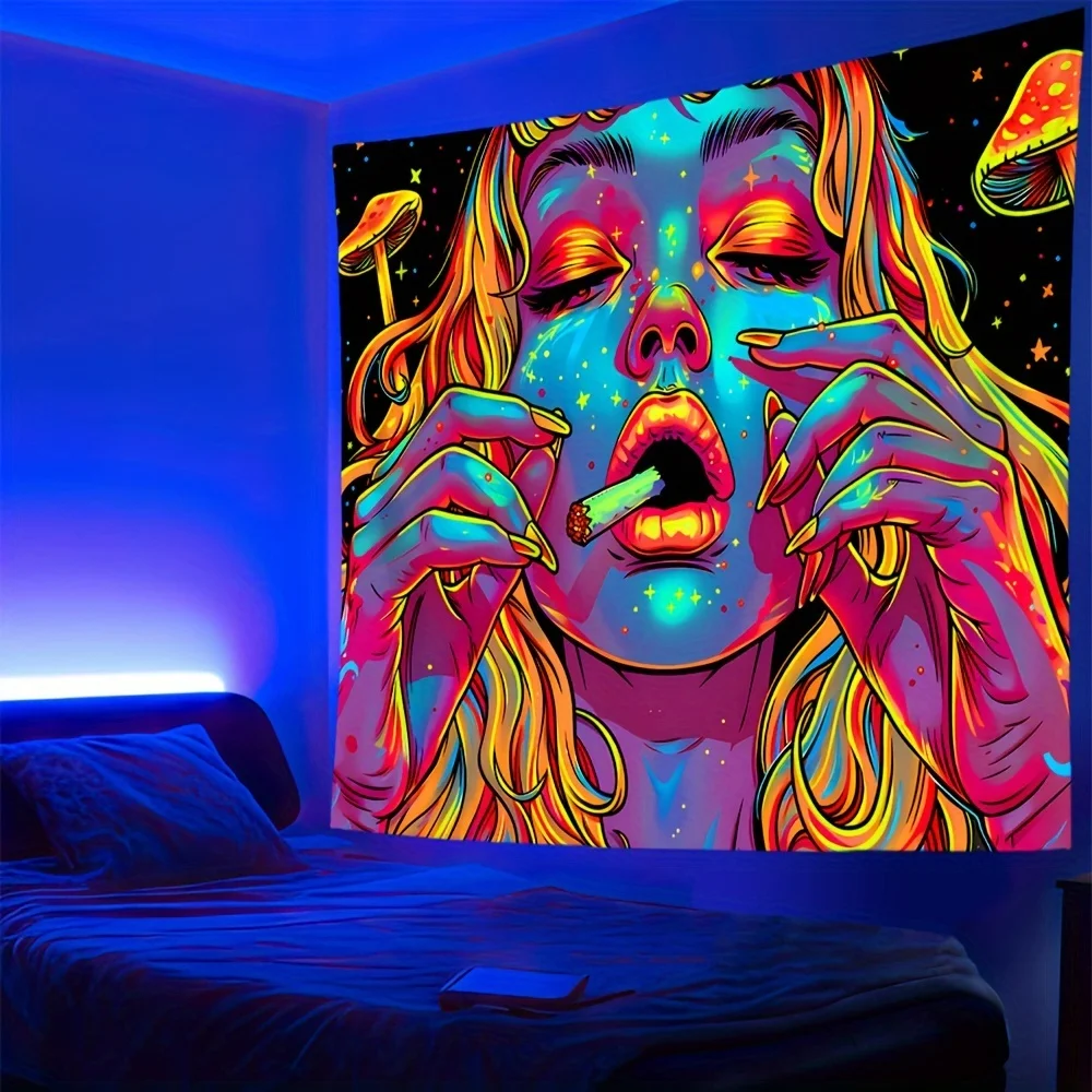 VIKAMA Neon Psychedelic Wandteppich, kosmische Frau und Pilzkunst, Boho-Wohndekoration für Wohnzimmer und Schlafzimmer