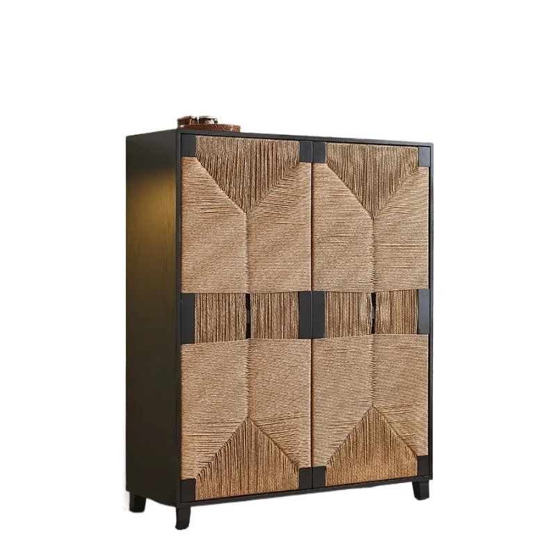 

Medieval rattan woven solid wood dining side cabinet, wabi-sabi black porch storage double door cabinet