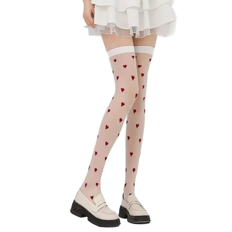 Lolita weiße ästhetische Overknee-Mädchen-JK-Socken – Kawaii rotes Herz bestickte Oberschenkelstrümpfe für Frauen, süße Strumpfhosen
