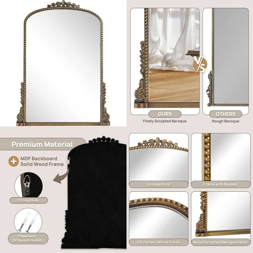 Elegant Baroque Style Arched Mirror with Antique Brass Frame, 24x32, Ideal for Entryways, Fireplaces, Living Rooms