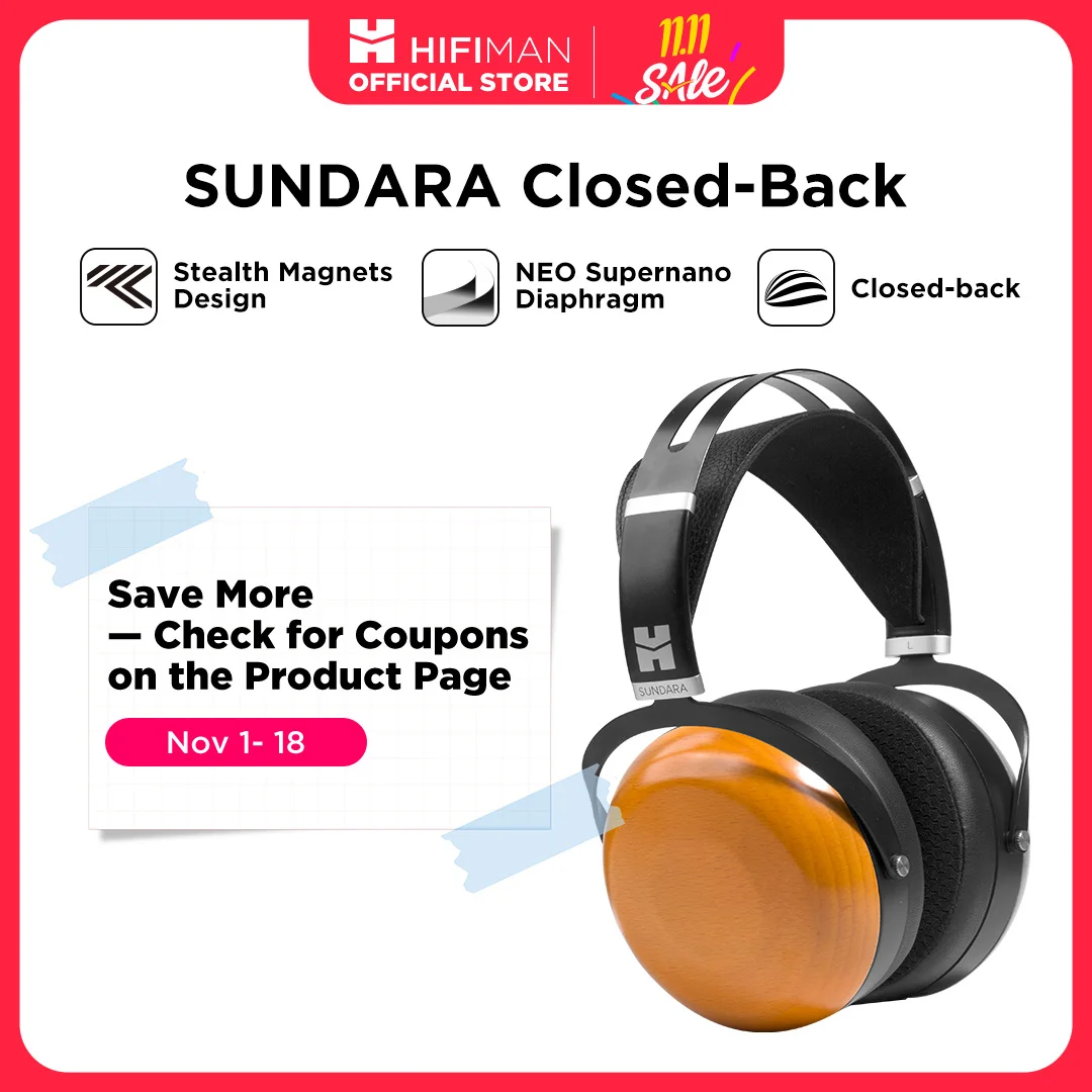 HIFIMAN SUNDARA クローズドバック オーバーイヤー プラナーマグネティック 有線 Hi-Fi ヘッドフォン ステルス マグネット デザイン、木製イヤーカップ付き