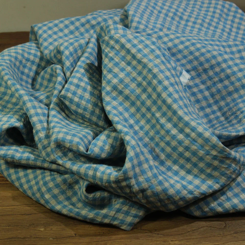 Sky Blue Pure Linen Fabric Plaid Fabric Dress Shirt Clothing Pants Curtain Fabric High-End Sewing Fabric by the Meter