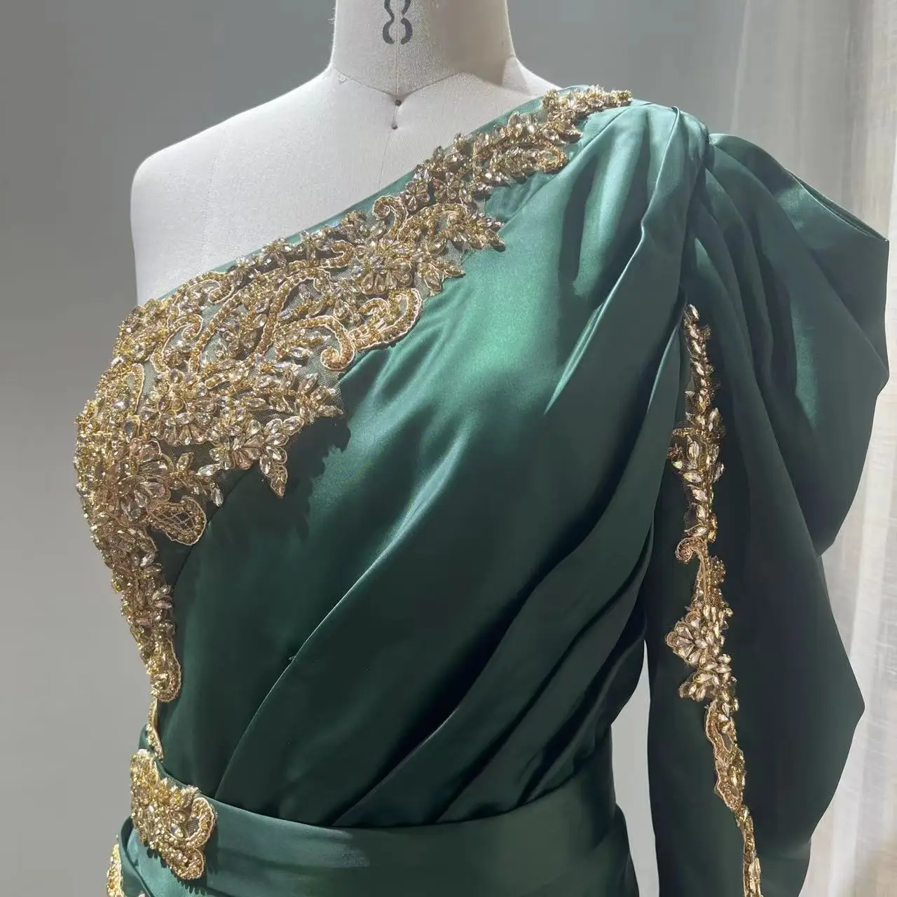 Green New Custom One-shoulder Luxury Handmade Beading With Pleated  Women Wrap Dresses Sexy Satin Evening Dresses