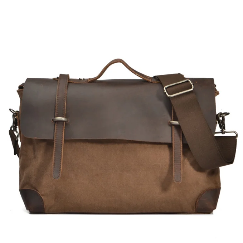 Men's Cowhide Crazy Horse Leather and Canvas Single Shoulder Bag Business Leisure Portable Crossbody Bag Briefcase Men's handbag