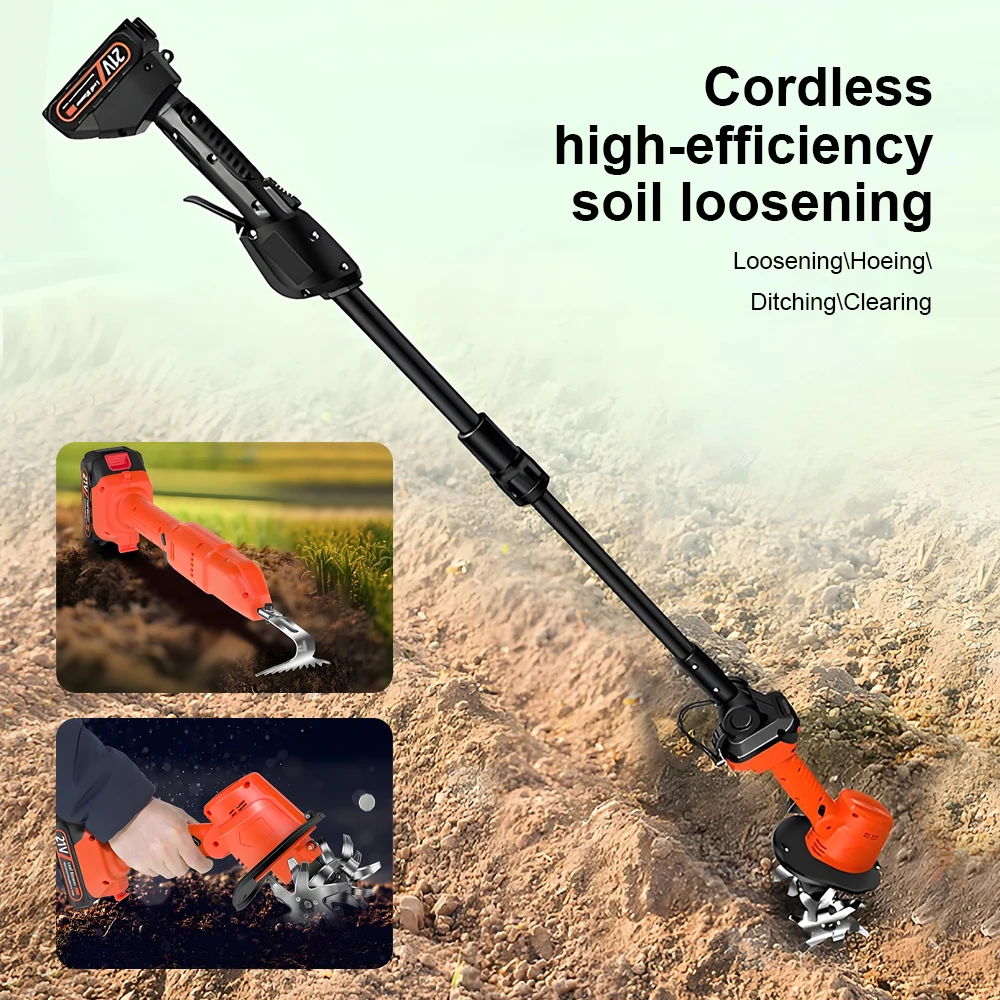 Electric Cultivator Hoe Cordless Electric Handheld Microtill Soil Loosening Tool 21V-24V Lithium Battery Looseners Rotary Tiller