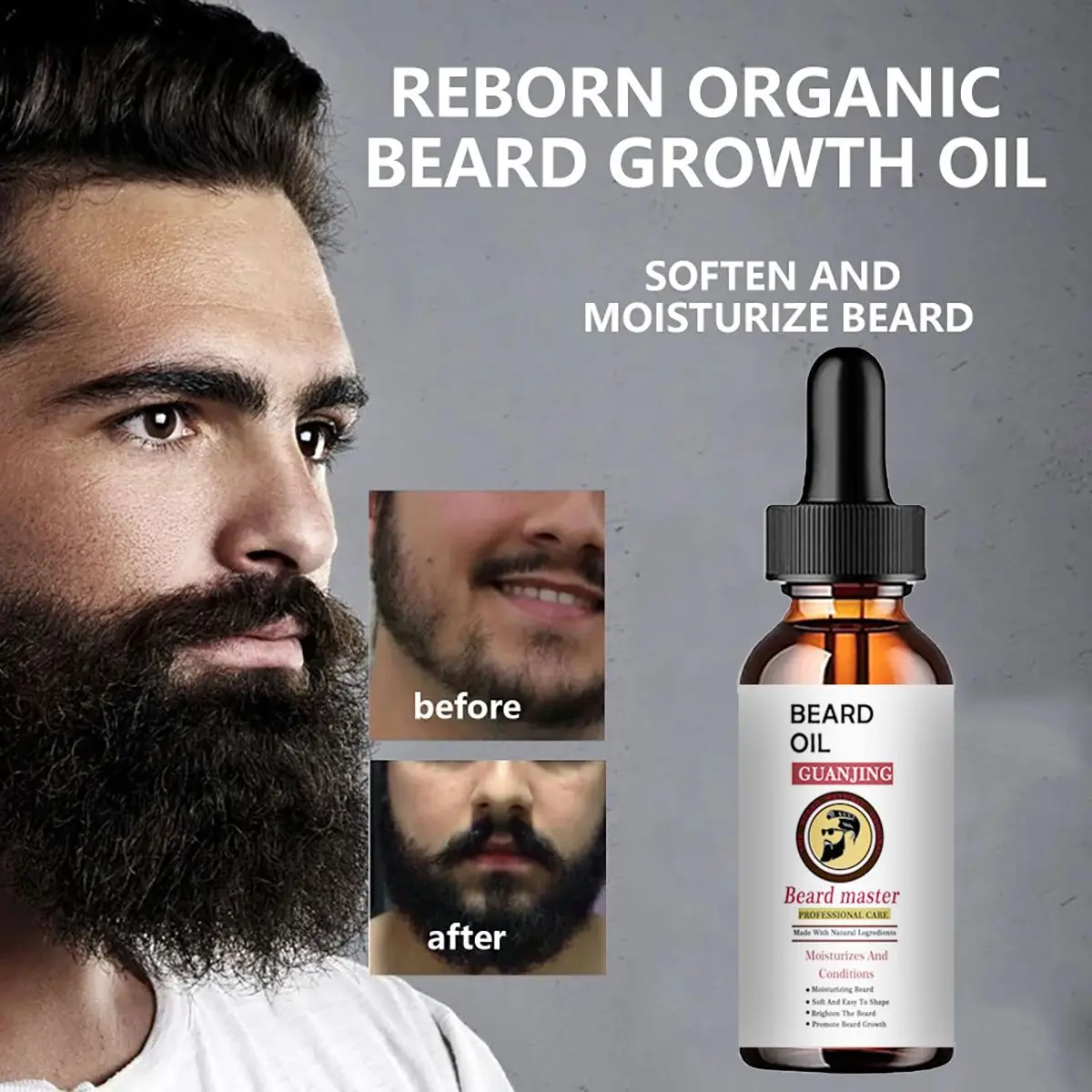 Óleo de Crescimento de Barba para Homens, Absorção Rápida, Hidratante, Soro Vegetal Natural, Tratamento, 60ml