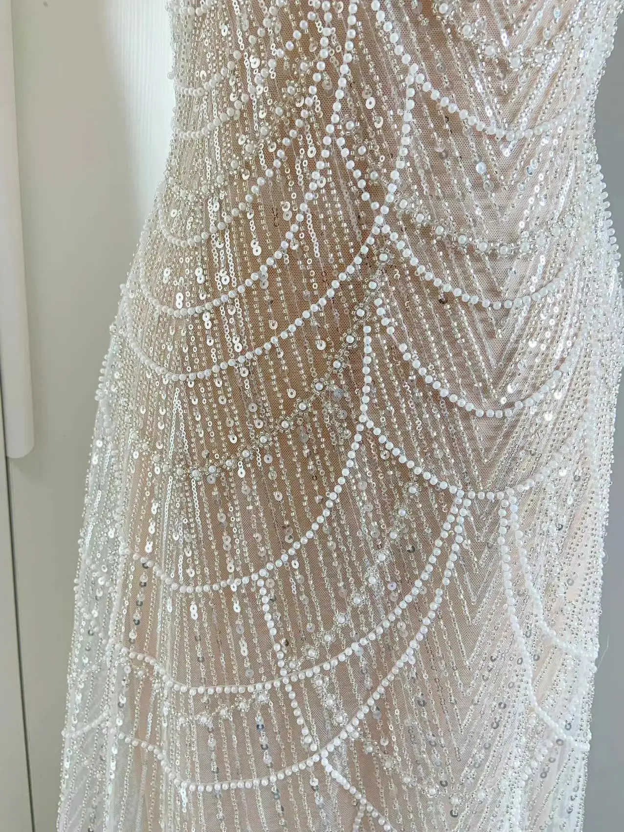 1 Yard tessuto di pizzo di Tulle con paillettes e perline pesanti blu pallido per Costume da festa, abito da ballo, abito da sposa da sposa