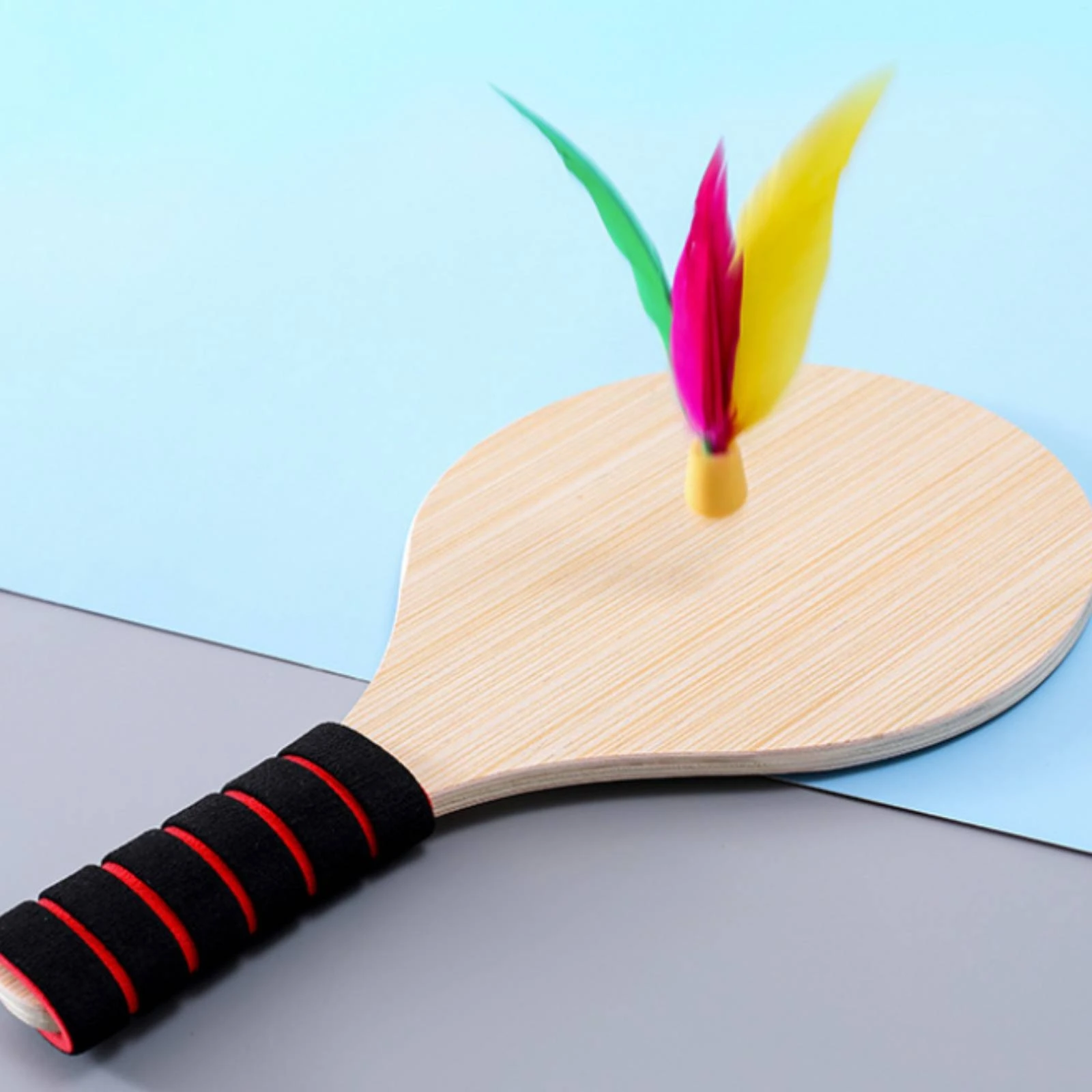 2 Pieces Wooden Paddle Set Indoor Outdoor Play Shuttlecock Set Badminton Kit Red Bands Recreation Gear Teardrop Shape