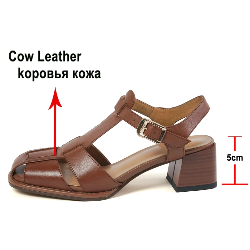 Meotina Women Genuine Leather Gladiator Sandals Thick Mid Heel Sandals Buckle Narrow Band Sandals Lady Shoes Summer Brown 42