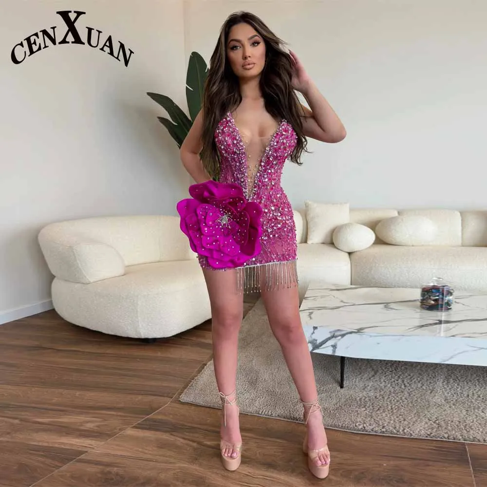 CENXUAN Bling Sleeveless Homecoming Dress with Rhinestones 3D Flower O-neck Short Party Dresses Vestidos De Gala Customized