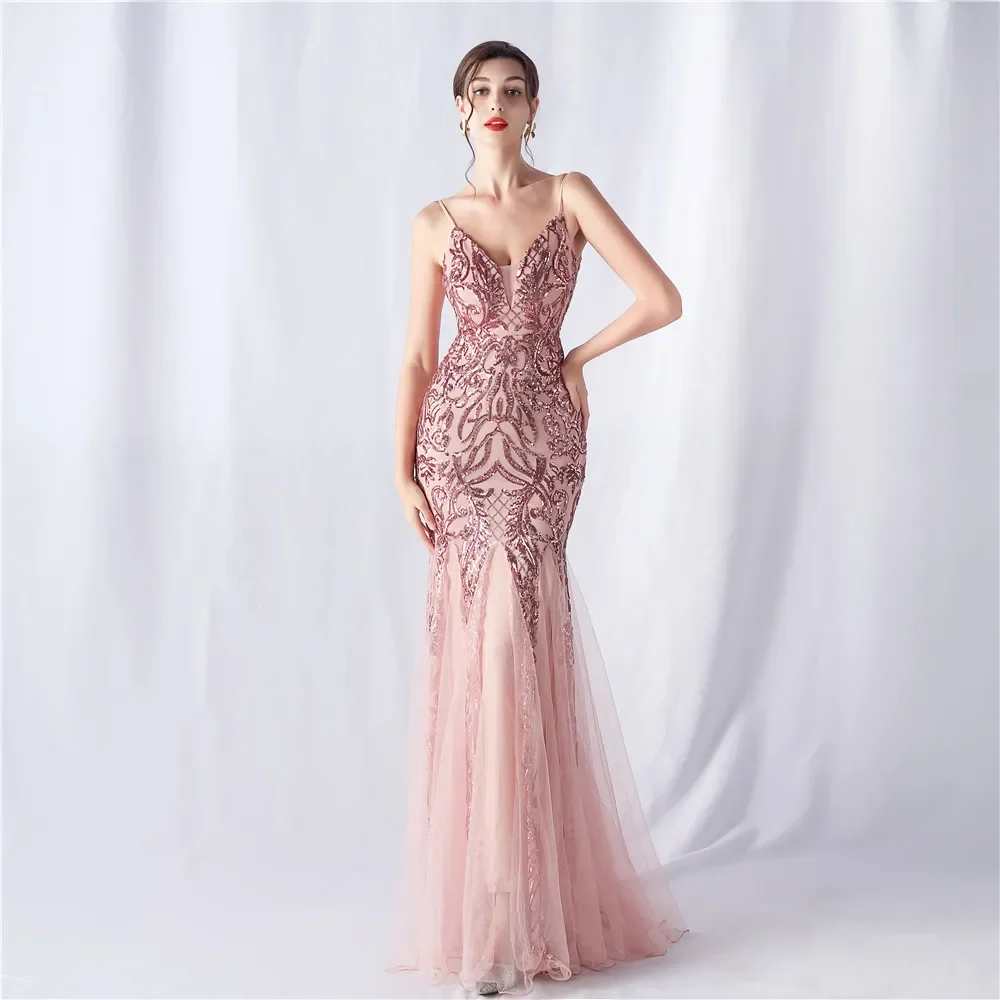 

Evening Dresses Pink Sequins Stretchy Beading Straps Zipper Back Mermaid Trumpet Floor Length Women Party Formal Gowns YE043