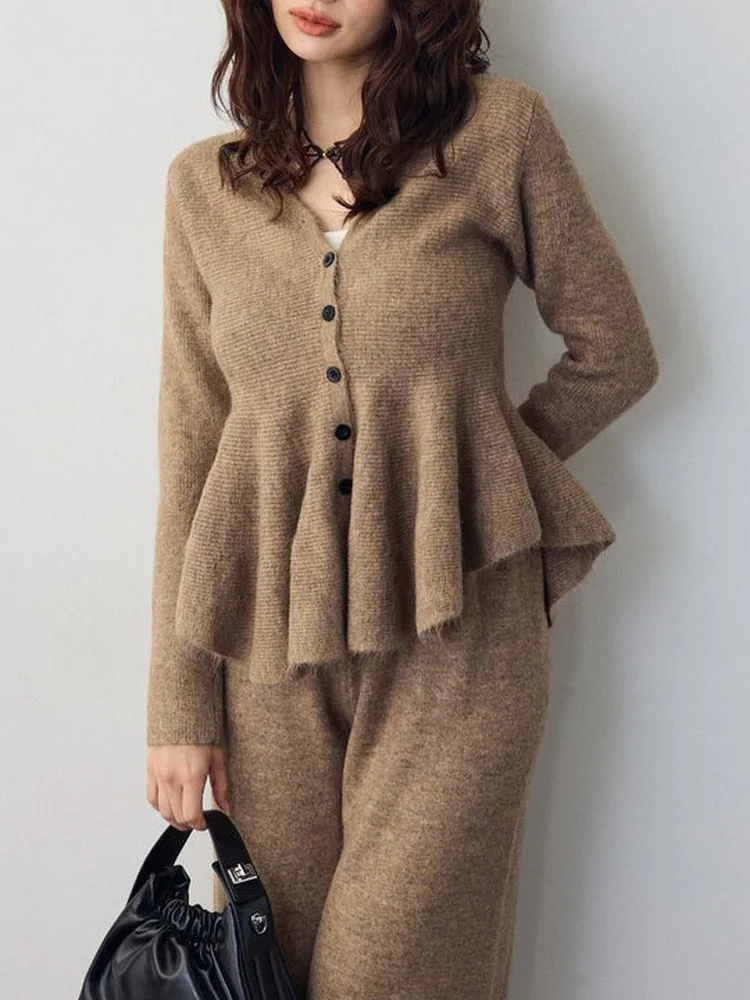 New Japanese Style Soft Cozy V-Neck Knitted Top Straight Leg Pants Set Women Trendy Two-Piece Suit Long Sleeve Button