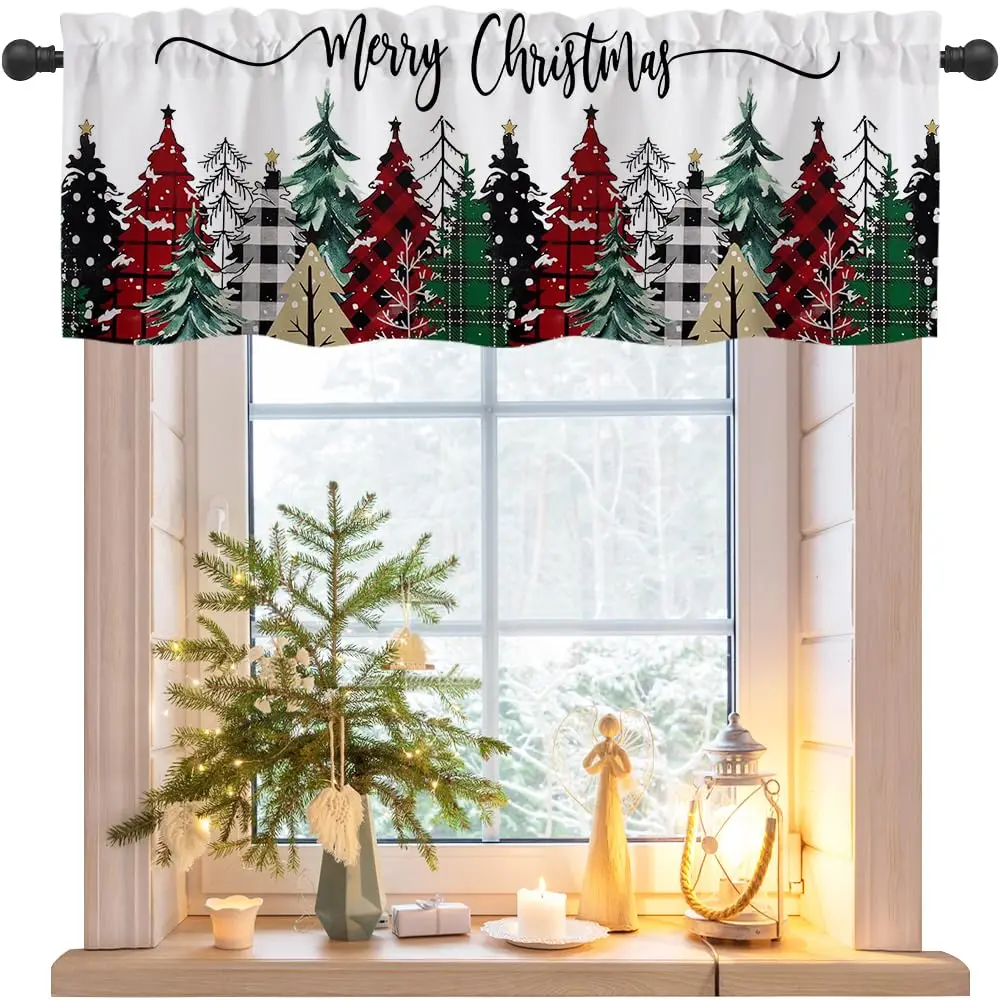 Christmas Valances for Kitchen Windows, Farmhouse Valance Curtain, Rod Pocket Window Treatment Valance for Kitchen, Living Room