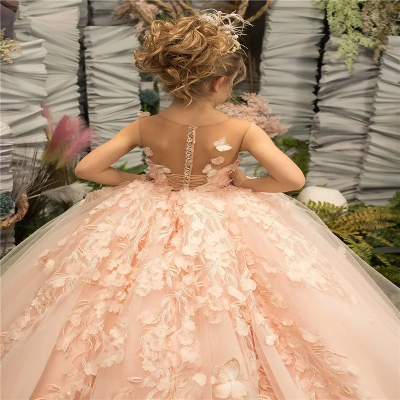 

Flower Girl Dresses For Wedding Blush Pink Floral Tulle Kids Bridesmaid Ball Gowns Princess Wed Party First Communion Present