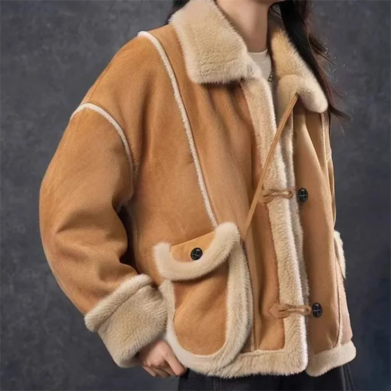 

Autumn Winter Ladies Lapel Loose Outwear 2025 Women Fashion Patchwork Motorcycle Coat Korean Female Leisure Long Sleeves Jacket