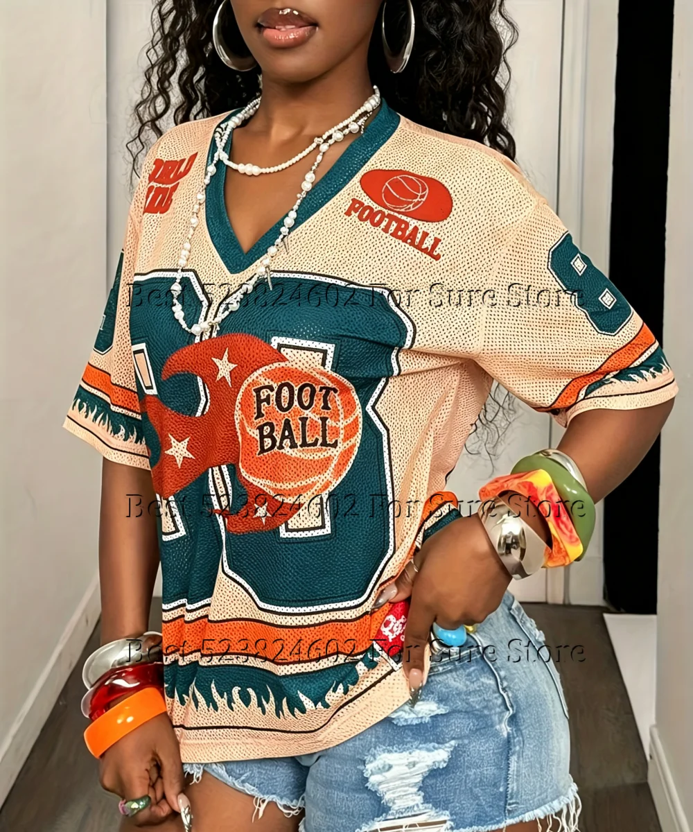 Women's Y2K Flame Print Mesh Football Tshirt Jersey Plus Size V Neck Color Block Streetwear Vintage Breathable Summer T Shirt
