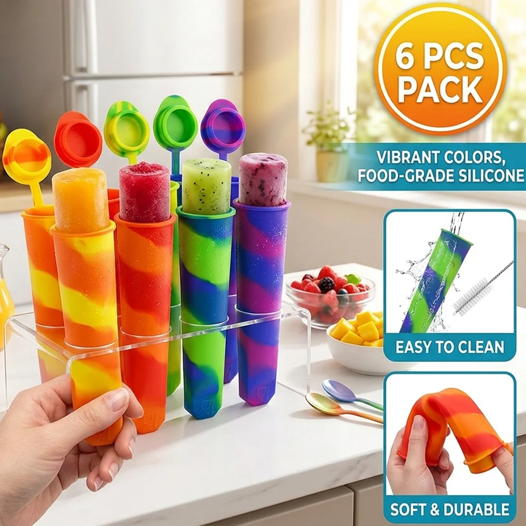 6Pcs Popsicles Molds Silicone Ice Cream Mold Multi-Colored Popcical Molds DIY  Popsicle Homemade Tools Summer Party Supplies