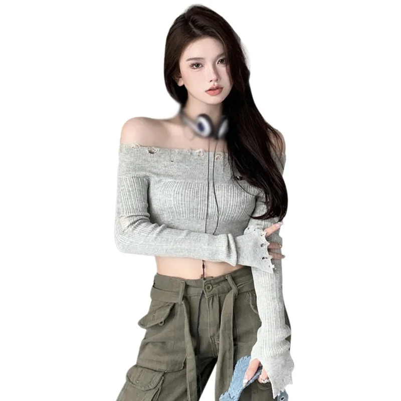 

Women's One-Shoulder Hole Knitting Long-Sleeved Top Thin Section Solid Color Reveals The Navel Slim Sweater