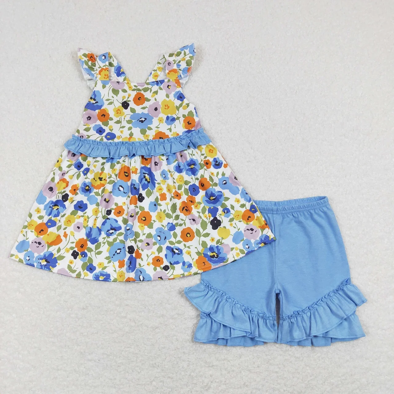 

Wholesale Baby Girl Summer Short Sleeves Flower Tunic Kids Children Blue Ruffle Cotton Shorts Toddler Outfit Infant Floral Set