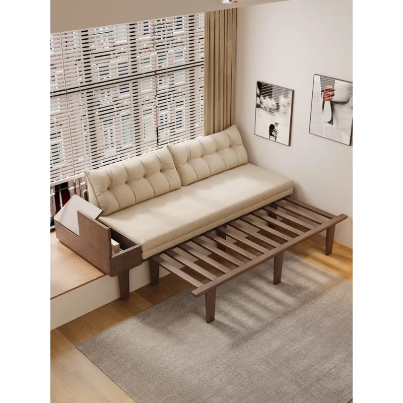 bay window pulling solid wood bed with side cabinet, small apartment telescopic bed frame transformation