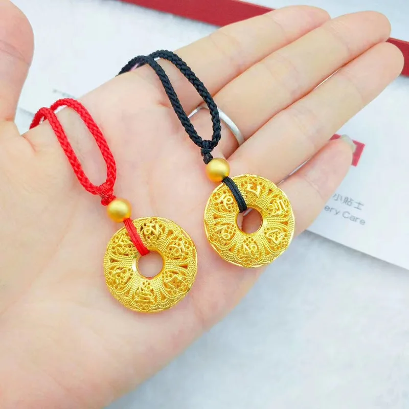 9999 24K Real Gold Hollow Out Six Character Motto Safety Buckle Necklace Antique Couple Style Handmade Rope Chain Vintage Gift