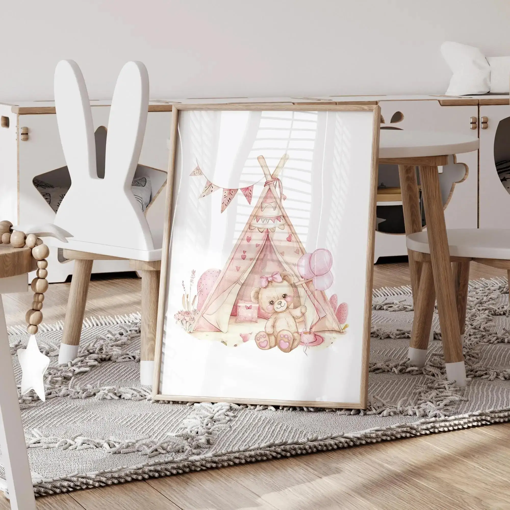 Tenda Korsel Beruang Mimpi Merah Muda Gambar Poster Lukisan Kanvas Cetak Seni Dinding Ayun untuk Ruang Tamu Kamar Tidur Dekorasi Rumah Kamar Anak-anak