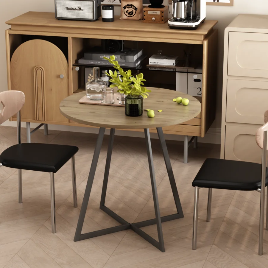 

31.5 Inch Round Dining Table for Kitchen or Dining Room, Brown Wood Top with Black Metal Legs, Modern Small Circle Table for 2-