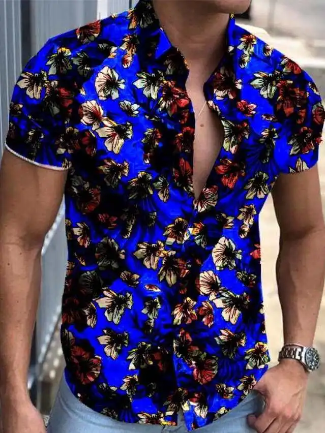 

Summer Floral Print Casual Shirt Men's Short Sleeve Top Loose Fit Cleanfit Style PU Leather Thickened Four Seasons Universal