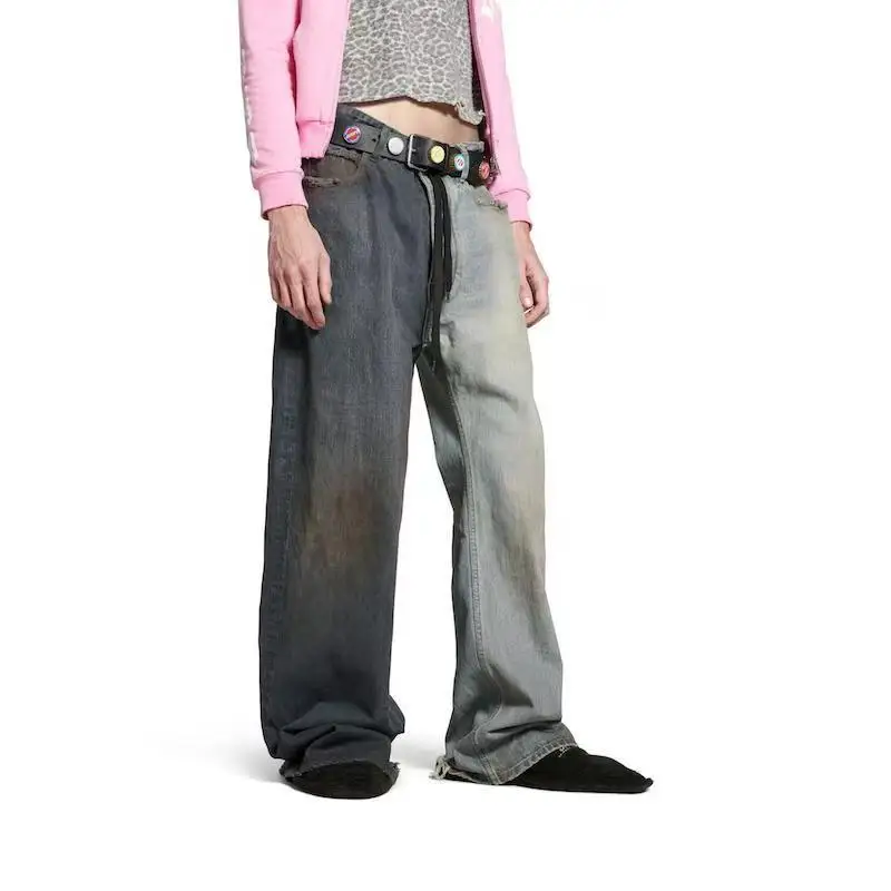 

Parisian Style Asymmetric Splicing Loose Casual Jeans Men's Streetwear Brand Straight Leg Pants Worn out Denim Trousers