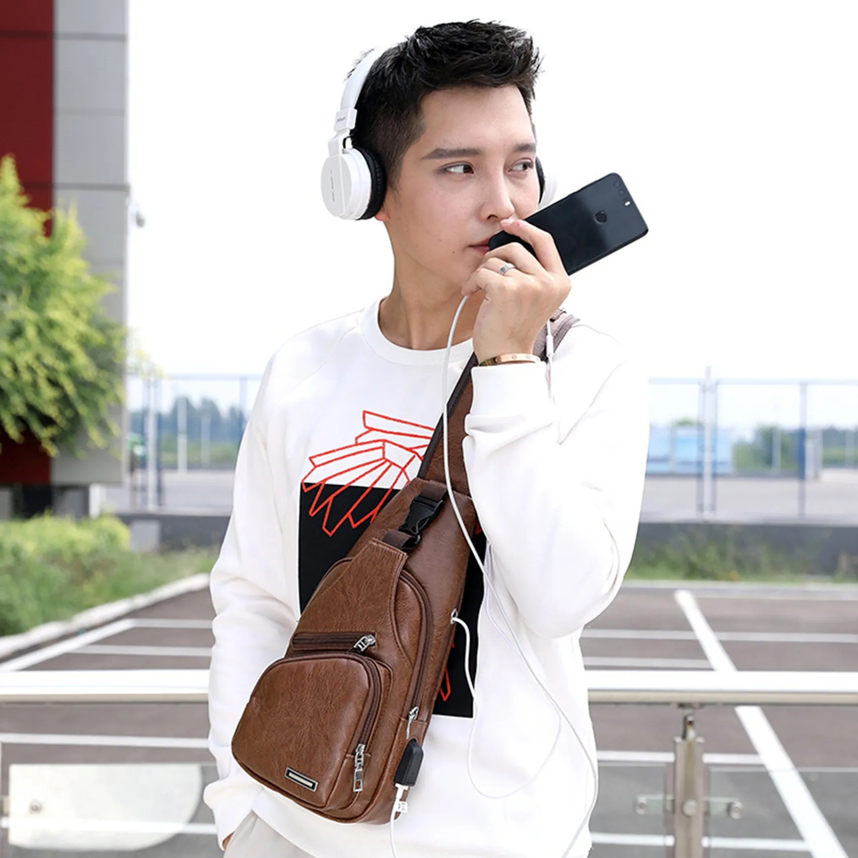 *A14E 5X Mini USB Interface Plenty of Space Mens Casual Bag Fashion Outdoor Sling Bag Travel Day Pack PU Leather Crossbody Bag view 6