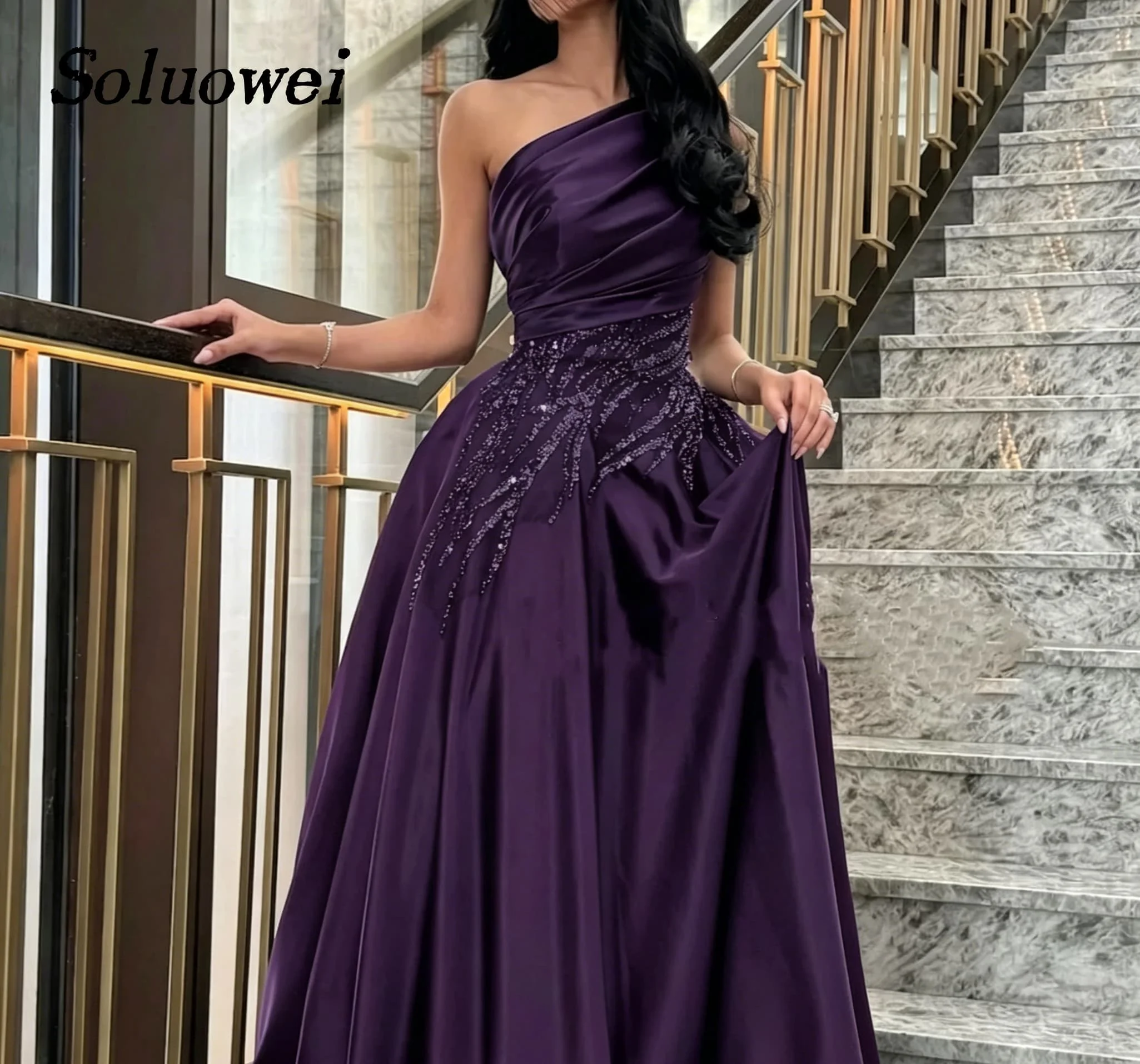 Customized Slanted Shoulders Prom Dress Sequins robes de soirée Floor-Length Taffeta Elegant Party Dresses Vestidos De Fiesta