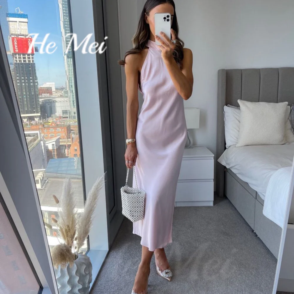 

Elegant Prom Dresses Simple Beach Halter Sleeveless Customized Party Gowns Mid Calf Length Formal Evening Dress فساتين طويلة