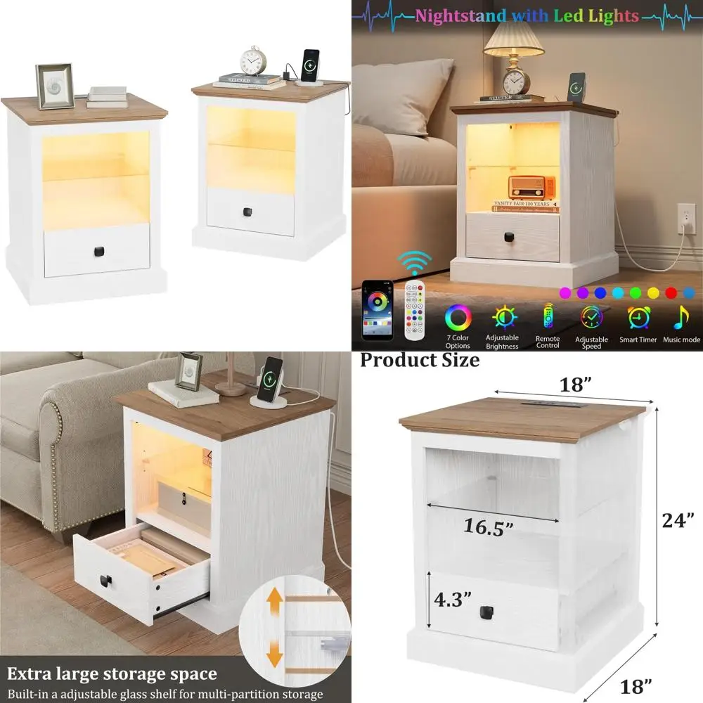 LED Lighted Charging Station Nightstand Set of 2, Modern End Tables with Adjustable Shelves, Storage Drawers, White Finish
