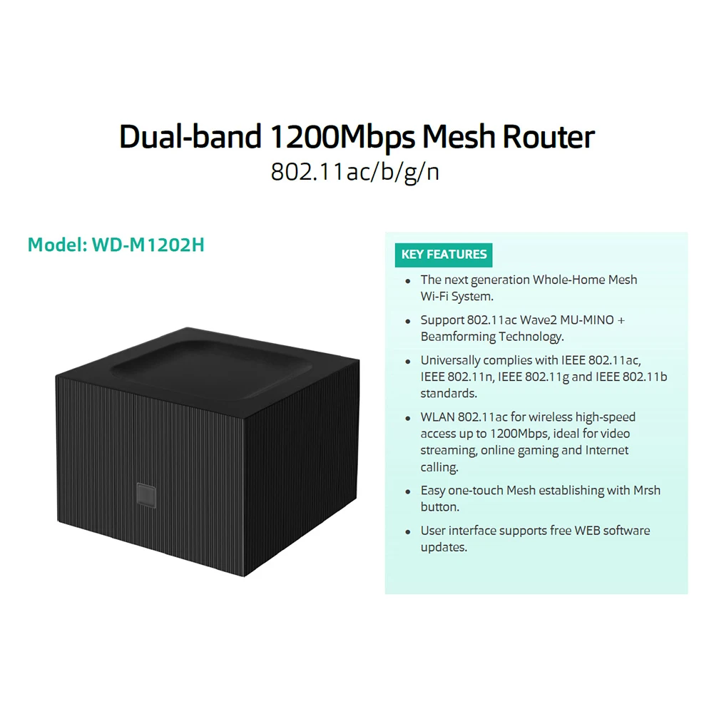 Network Router AC1200M Mesh Router System Dual Band 2.4G/5.0GHz Internal Antennas Good Penetrability Easy Set Up Strong Signal