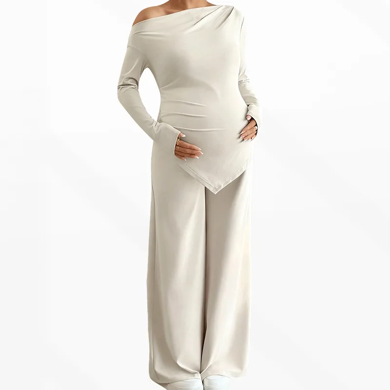 Maternity Pregnant Women Clothing Sets Solid Long Sleeve One-shoulder Irregular Hem Tops + Pants Spring Casual Pregnancy Outfit - view 4