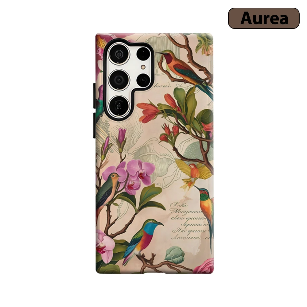 Vintage Bird & Floral Phone Case for Samsung Galaxy S25 Ultra S24 S23 Ultra Plus Shockproof Double Layer Tough Back Cover