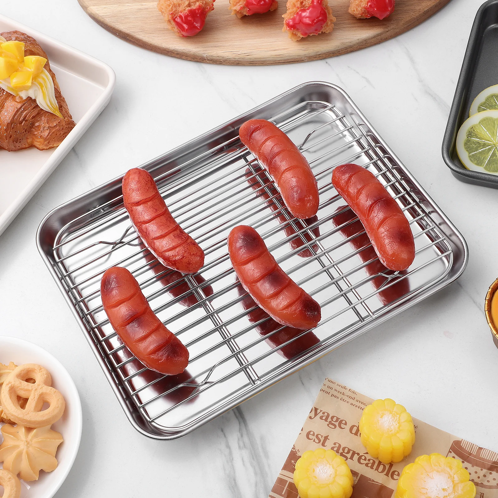 

26x20x2.5cm Stainless Steel Baking Sheet Tray with Removable Cooling Rack Dishwasher Safe Non Toxic Healthy Cooking