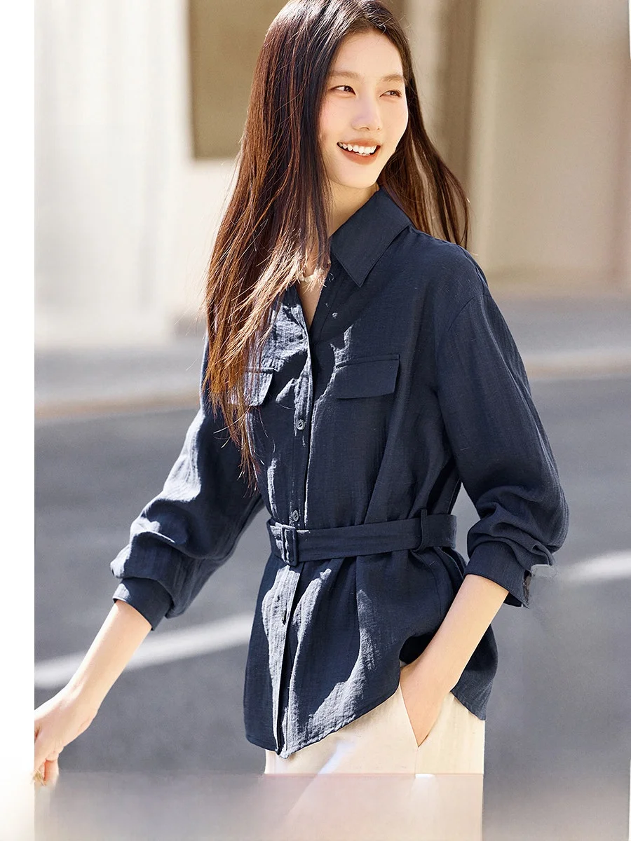 

Женская свободная блузка XWI с длинным рукавом, синяя, повседневная, из дышащей смесовой ткани, весна 2026