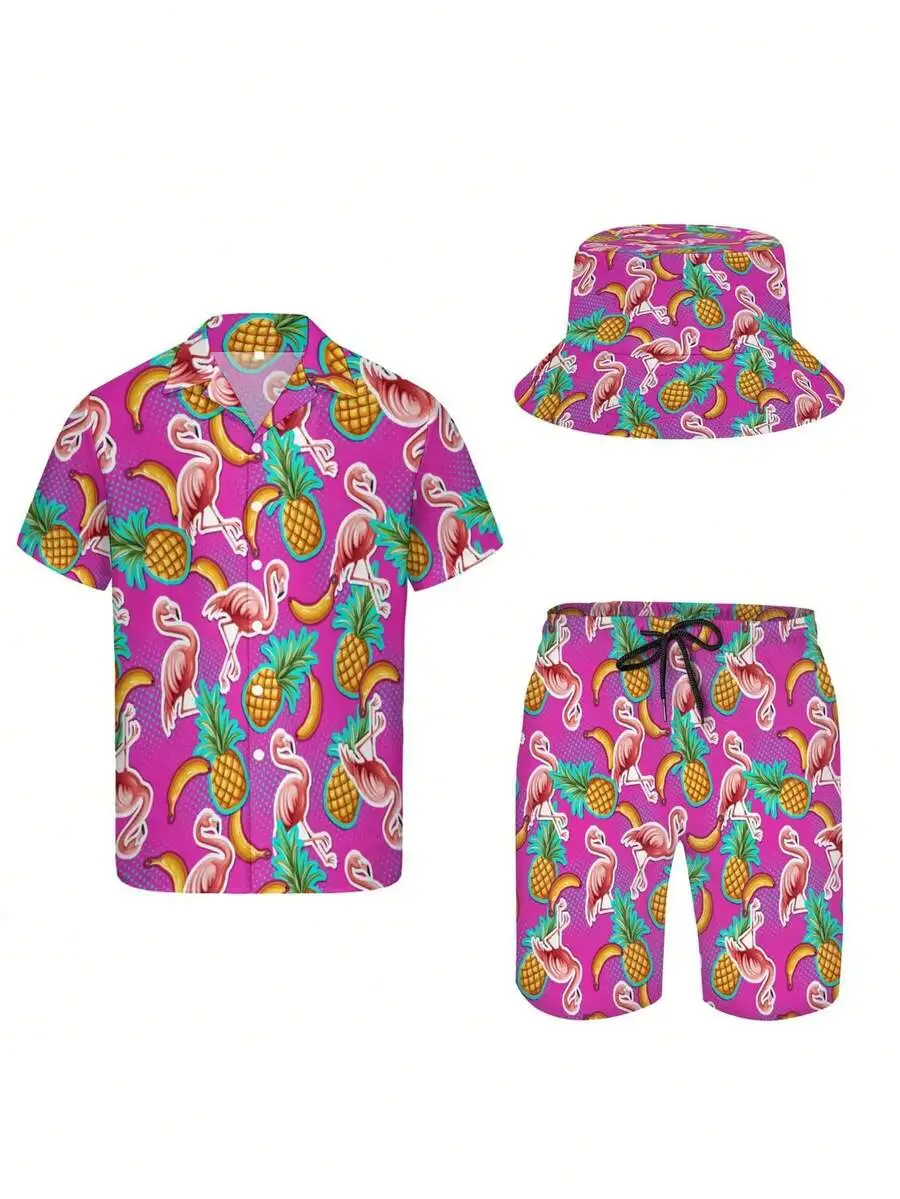 

Mens Hawaiian Shirt Short And Bucket Hat Set Tropical Flamingo Pineapple Banana Print Casual Beach Vacation Outfit