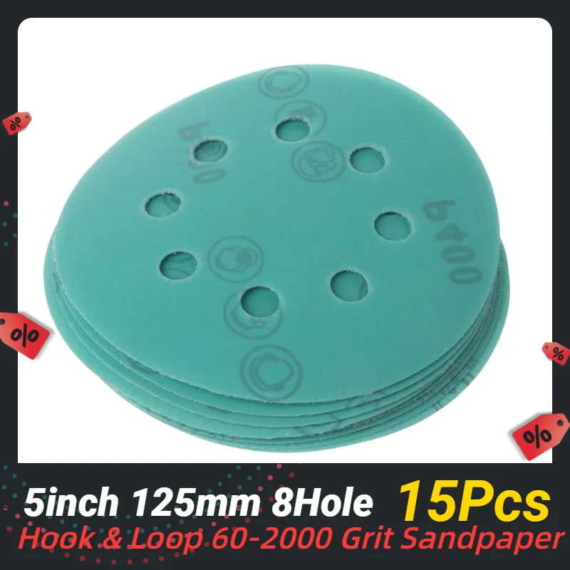 15Pcs 5 Inch 125MM 8 Holes 60 to 2000 Grits Hook and Loop Polyester Film Sandpaper Sanding Disc Abrasive Polishing Tools