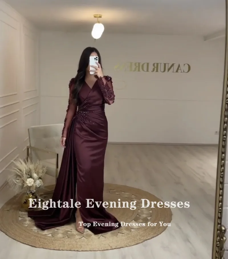 Eightale Arabic Evening Dresses for Wedding Party Satin Customized Mermaid V-Neck Beaded Long Sleeves Celebrity Prom Party Gowns